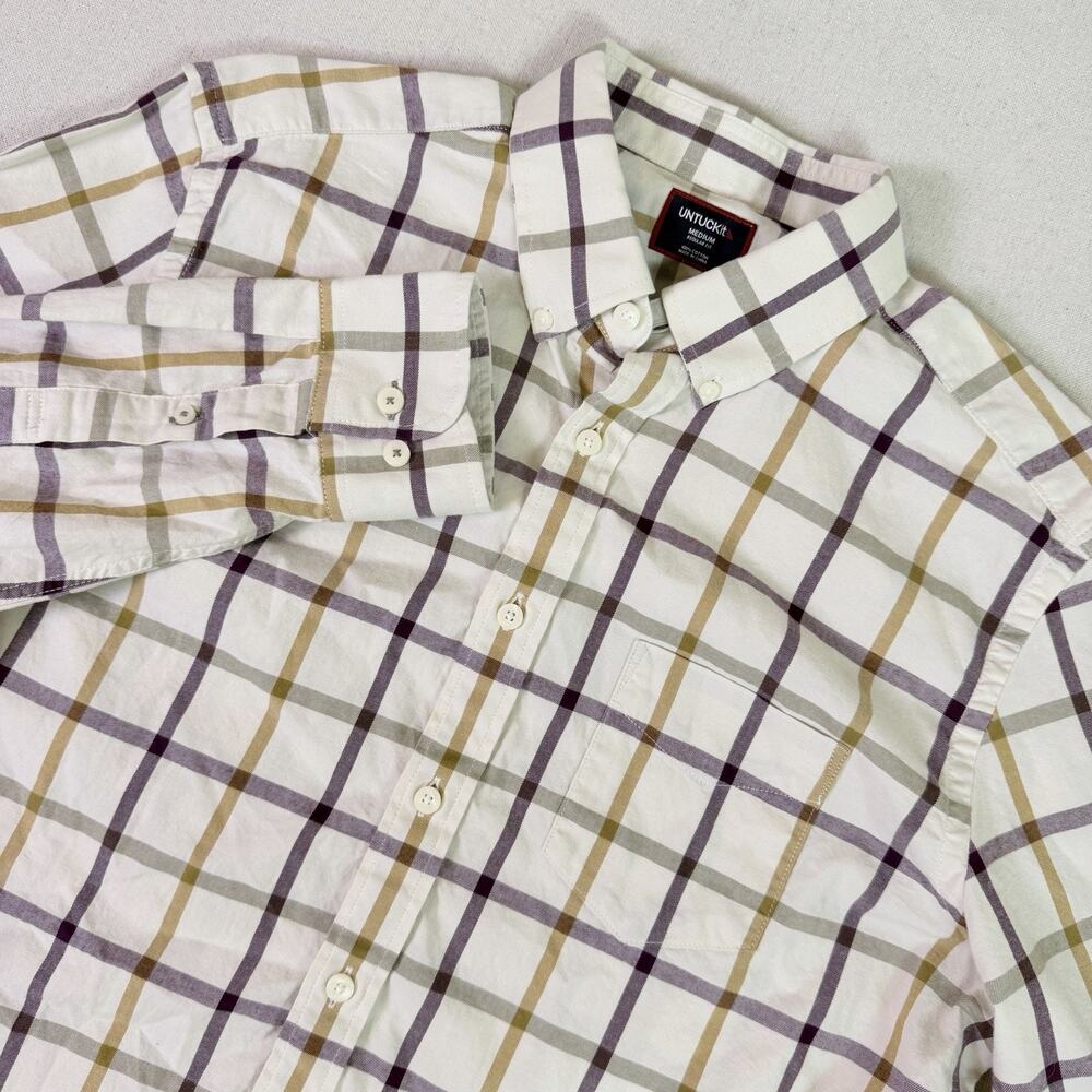 Untuckit Button Down Shirt Men's M Flannel Windowpane Tan Plaid Casual Preppy